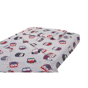 Lenjerie Patut Bebe, Cearceaf Pat 60X120X10 Cu Elastic, Cearceaf Pilota 80X110, Perna Joasa 20X35, Bufnite Mici